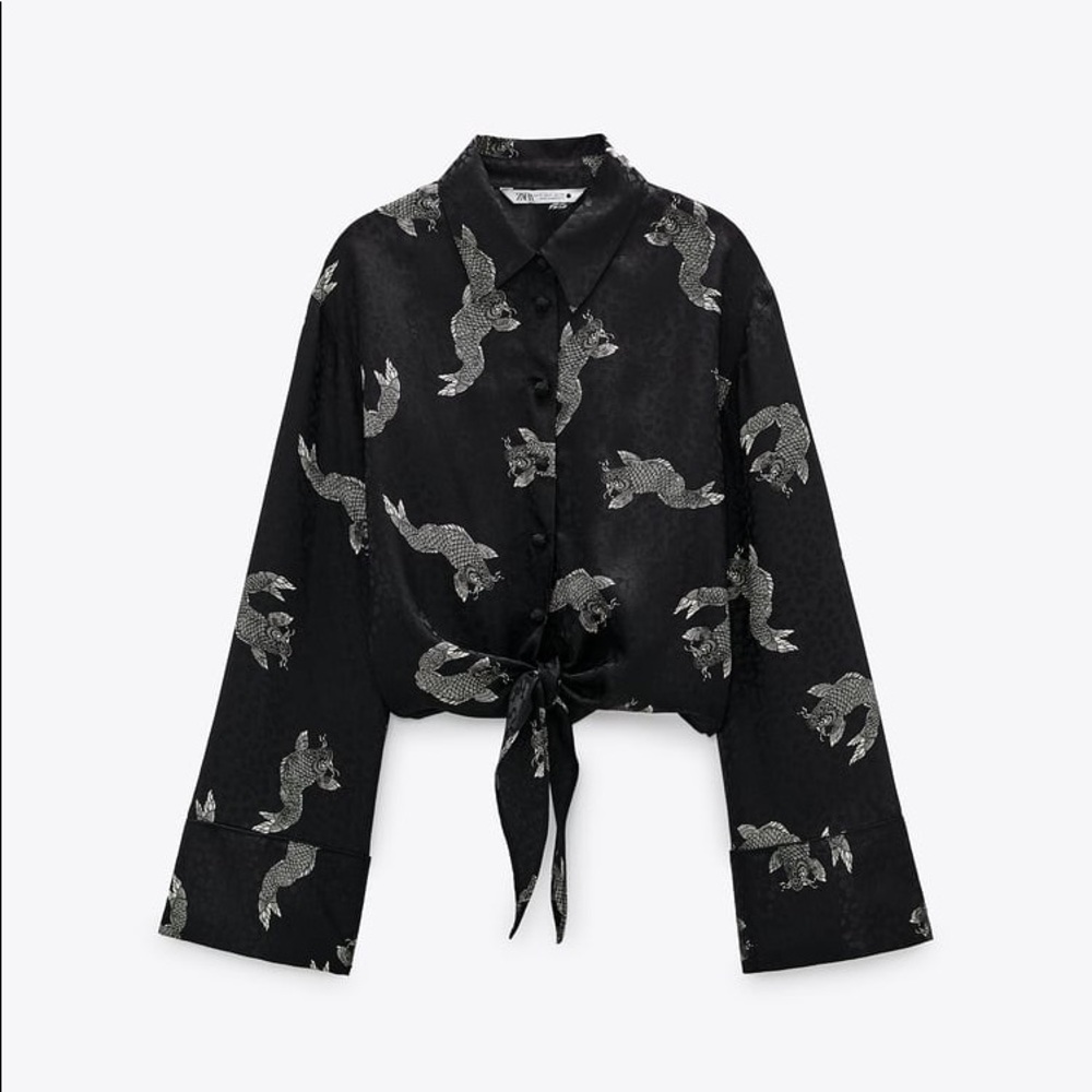 Zara Koi Fish Black Button Down Crop Blouse